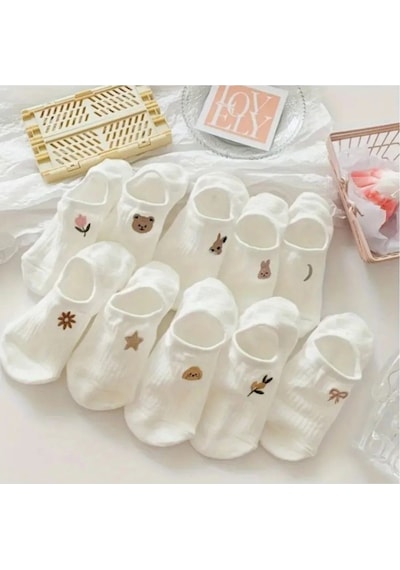 Hitit Socks Kadın 10 Çift Premium Çiçek Ve Hayvan Desenli Görünmez Babet Çorap Şeker Beyazı ASORTİ
