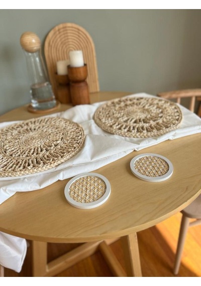 2 Li Rattan Hazeran Bardak Altlığı Beyaz %100 Doğal Hazeran Beyaz