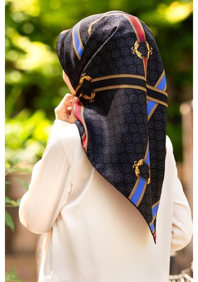Vissona Siyah Saks Karma Desen Tivil İpek Eşarp 10653-0001-0032
