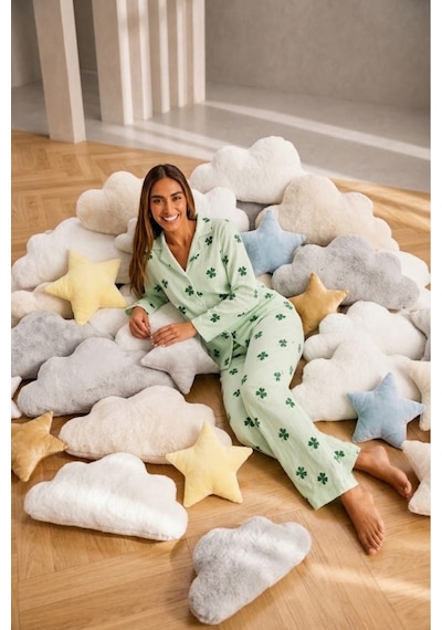 Kadın Önden Düğmeli Uzun Kollu Alt Üst Yeşil Pijama Takımı