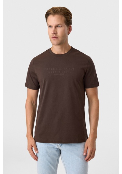 Back And Bond Relaxed Fit Baskılı Kahve Bisiklet Yaka Tişört