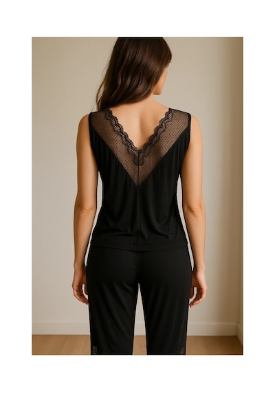 Ang Butik Kadın Siyah Dantel Detaylı Derin V Yaka İpek Pijama Takımı