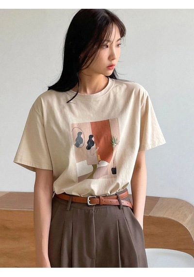 Flood Of Style Kadın Bej Kadın Figür Baskılı Oversize Bisiklet Yaka Tshirt