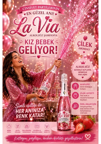 Simli Çilek Aromalı Alkolsüz İçecek Kız Bebek Pembe Renk Cinsiyet Partisi Şampanyası