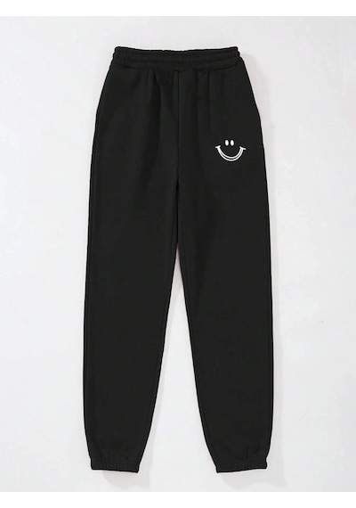 Expression Print Elastic Waist Thermal Lined 4 Mevsim Eşofman Siyah