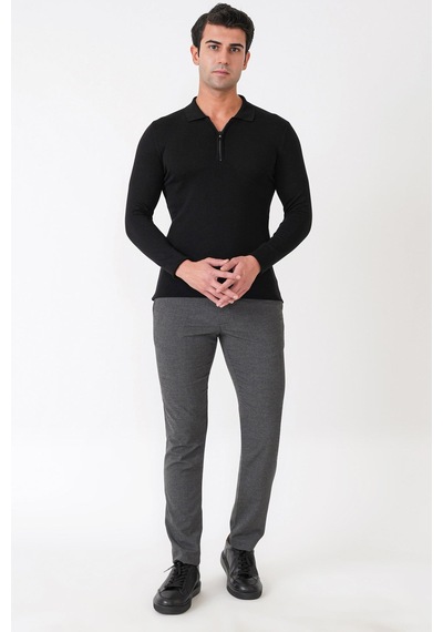 Slim Fit Esnek Pamuklu Fermuarlı Polo Yaka Siyah Triko Tr 902