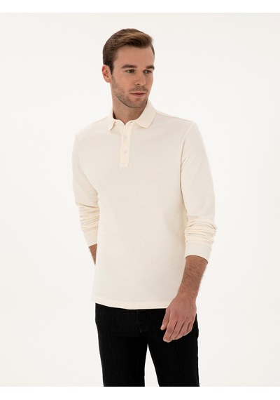 Ekru Regular Fit %100 Pamuk 3 İplik Polo Yaka Sweatshirt Bej