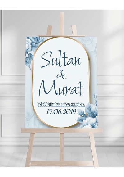 Söz Nişan Düğün İçin 50x70 Karşılama Panosu - Mavi Çiçek Tasarımlı 002 Beyaz