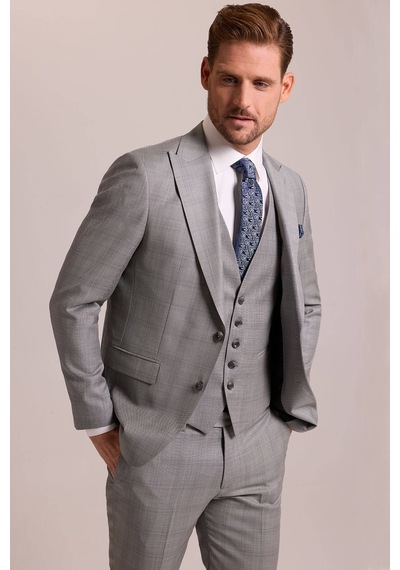 Erkek Gri Krem Slim Fit Sivri Yaka Yelekli Yün Kareli Takım Elbis Gri - Krem