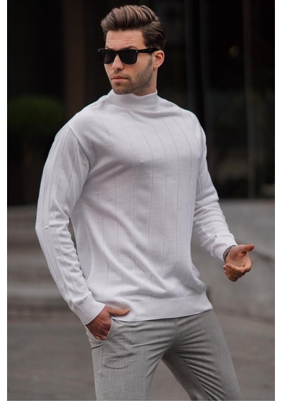 Madmext Ekru Slim Fit Yarım Balıkçı Yaka Çizgili Tüylenmeyen Erkek Triko Kazak 6344 Ekru