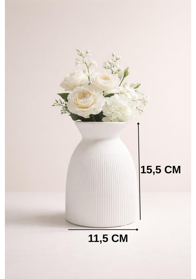 Beyaz Seramik Çizgiliz Vazo Modern Trend Tasarım Beyaz