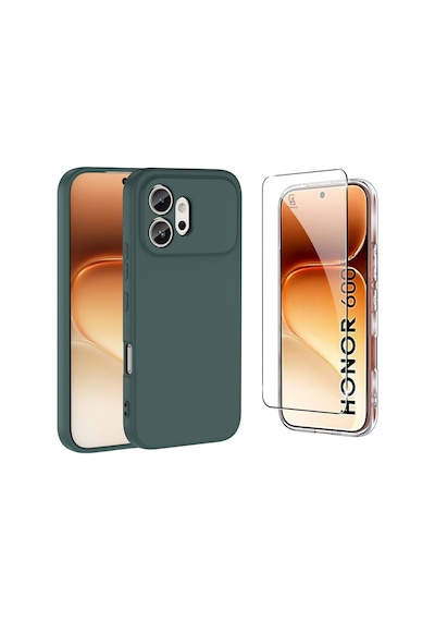 Honor 600  Içi Kadife Lansman Kılıf Ve Şeffaf Temperli Cam Ekran Koruyucu Koyu Yeşil