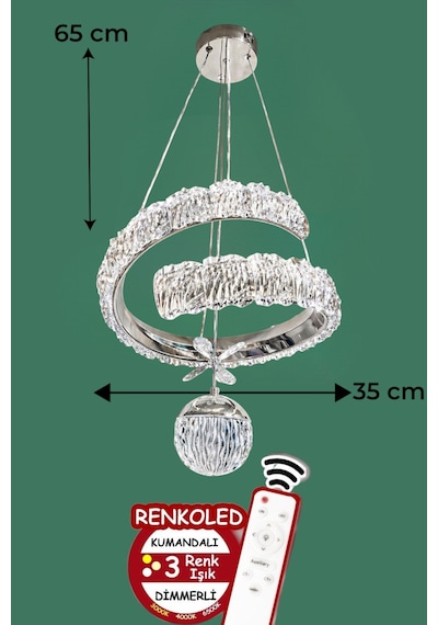 Kumandalı 3 Renk Işıklı Modern Sarkıt Led Avize Krom Kasa Salon,oda ,mutfak ,hol Krom - Gümüş