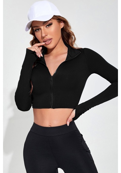 Angbutik Kadın Siyah Uzun Kol Fermuarlı Parmak Geçme Detaylı Dik Yaka Crop Top Bluz