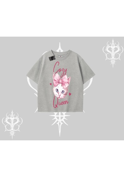 Startmore Startmore Cozy Queen Kedi Baskılı Oversize Tshirt Gri