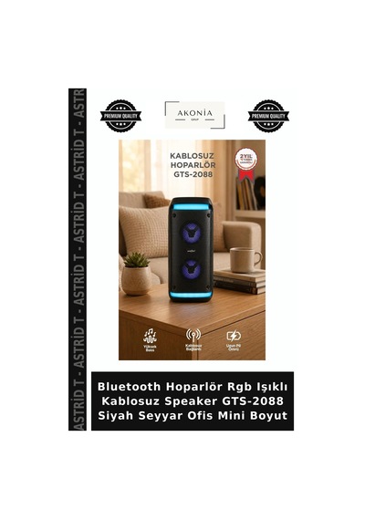 Bluetooth Hoparlör Rgb Işıklı Kablosuz Speaker Gts-2088 Siyah Seyyar Ofis Mini Boyut
