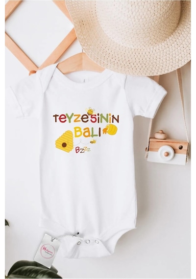 Hediyenza Teyzesinin Balı Özel Tasarım Bebek Zıbın Pamuklu Çıtçıtlı Body Beyaz