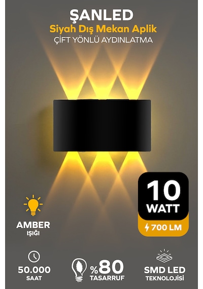 Dekoratif 10w Çift Yönlü Iç-dış Mekan Siyah Kasa Gün Işığı Duvar Aplik-1 Adet Amber Rengi