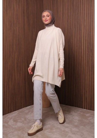 Balenbi Kadın Dik Yaka Basic 80cm Salaş Oversize Triko Tunik 1145 Ekru