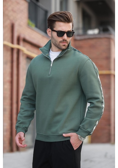 Madmext Haki Fermuarlı Yarım Balıkçı Yaka Erkek Sweatshirt E7164 Haki