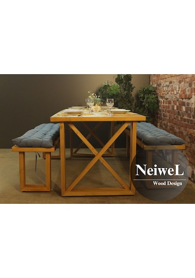 Neiwel Leis Doğal Ahşap Banklı Yemek Masası Takımı-120-280 Takım Açık Ceviz