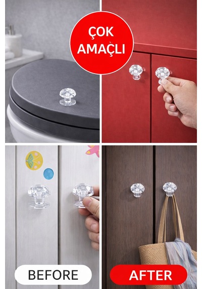 4'lü - 2026 Şeffaf Kristal Kulp Yapışkanlı Mini Kapı Kulpu, Tuvalet Kapağı & Dolap Çekmece Kulbu Diğer