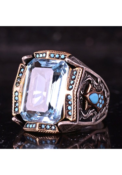 Kambo El Yapımı 925 Ayar Gümüş Mavi Topaz Taşlı Erkek Yüzük - 21 Gr