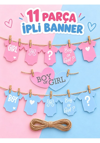 Hiras Dizayn Baby Shower İpli Banner Seti 11 Parça Kız Mı Erkek Mi Pembe Mavi Mavi - Pembe