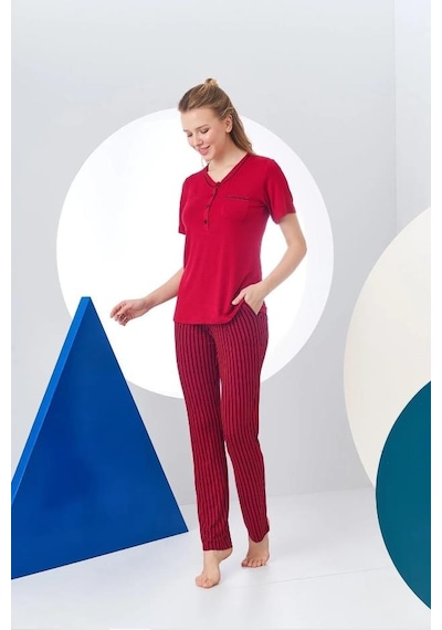 Pjs 24157 Kadın Çizgili Patlı Kısa Kol Pijama Takım 001