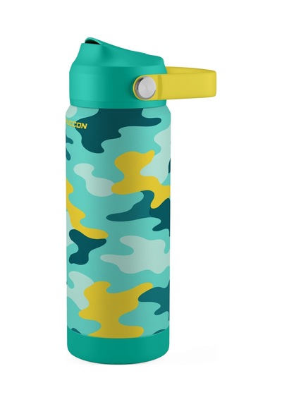 Puccon 540 Ml Kamuflaj Desenli Yeşil - Sarı Erkek Çocuk Pipetli Çelik Termos Matara/suluk - 60035