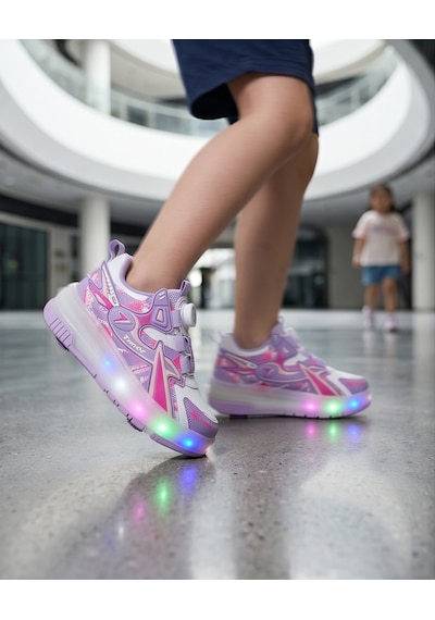 2249-timer Led Işıklı Çift Tekerlekli Akıllı Bağcıklı Unisex Çocuk Patenli Ayakkabı Lila