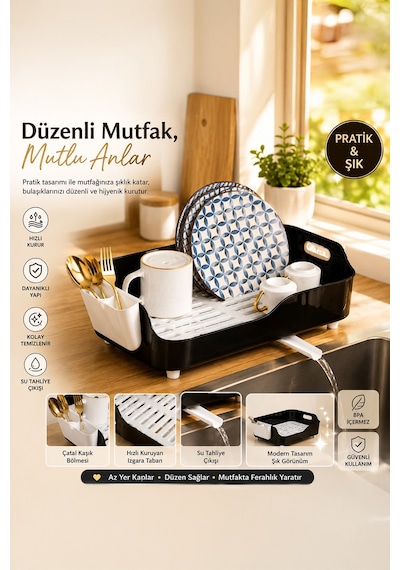 Porsima Akl-060 Siyah Lüks Tabaklık Bulaşıklık Su Akıtma Kanallı Siyah