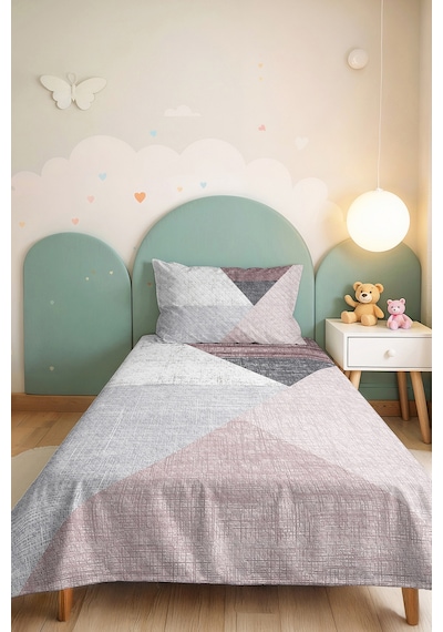 Geometrik Gri Genç Odası Tek Kişilik Pike Takımı - Pudra Modern 160x220 Cm Kapitone Yatak Örtüsü Masalsı Örtü Uyumu