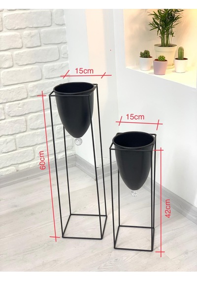 Siyah Renk 2'Li Metal Ayaklı Saksı Çiçeklik (468977549)