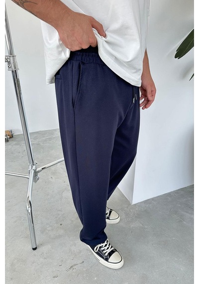 Lacivert Beli Lastik Detay Gabardin Baggy Pantolon Lacivert