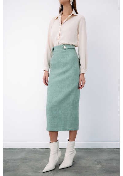 Sateen Süs Düğmeli Tüvit Kalem Etek - Mint-135079 Mint