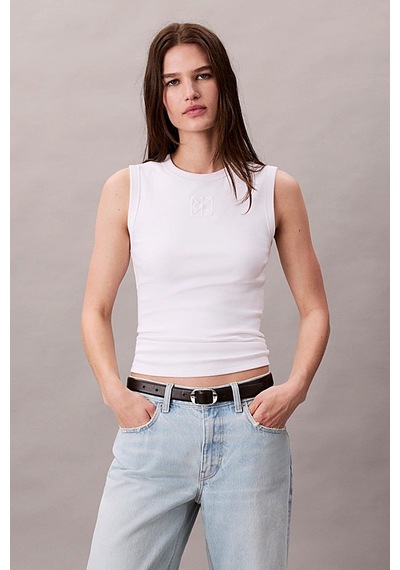 Calvin Klein Kadın Regular Kalıp Nervürlü T-shirt - Beyaz Brilliant White