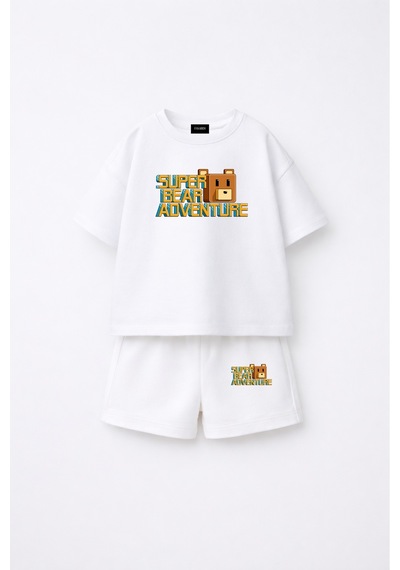 Fasardi Super Bear Adventure Süper Ayı Baskılı Oversize %100 Pamuk Tişört Şort 2li Çocuk Takım Beyaz