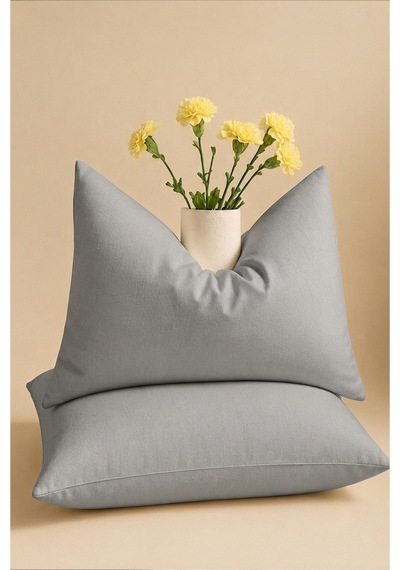 Gri Renkli Pamuklu Ranforce Kumaş Kapaklı Yastık Kılıfı 2 Adet 50x70 Cm Grı