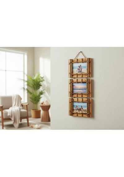 El Yapımı Doğal Ahşap 3 Lü Bambu Bamboo Fotoğraf Çerçevesi Dekoratif Ev Ofis Hediyesi Duvar Süsü - 9