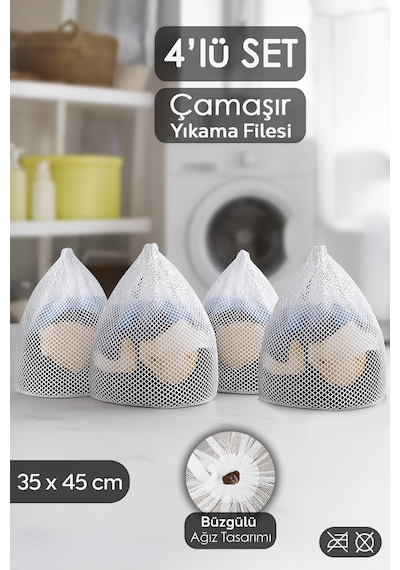 4'lü İpli Çamaşır Yıkama Filesi Seti - Koruyucu Çamaşır Yıkama Torbası 35x45 Cm Beyaz