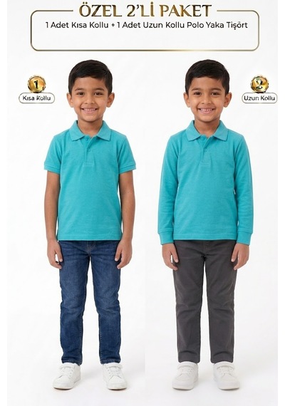 Nacar Store Unisex Çocuk Uzun Ve Kısa Kollu Polo Yaka Okul Tişörtü 2'li Set Turkuaz