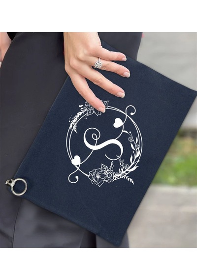 Bk Gift Kişiye Özel Harfli Astarlı Lacivert Portföy Çanta 30x21cm, Baskılı El Çantası, Organizer Çanta