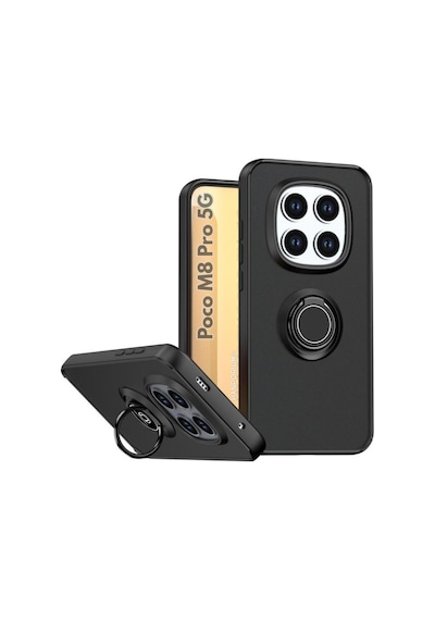 Poco M8 Pro 5g Uyumlu Kılıf Yüzüklü Standlı Extra Darbe Koruma Sert Silikon Kapak - Siyah Siyah