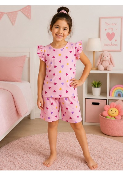 Aliş Kids Kız Çocuk Pamuklu Pembe Kalp Desenli Kolları Fırfırlı Kısa Kollu Şortlu Yazlık Pijama Takımı Aliş Kids Kız Çocuk Pamuklu Pembe Kalp Desenli Kolları Fırfırlı Kısa Kollu Şortlu Yazlık Pijama Takımı