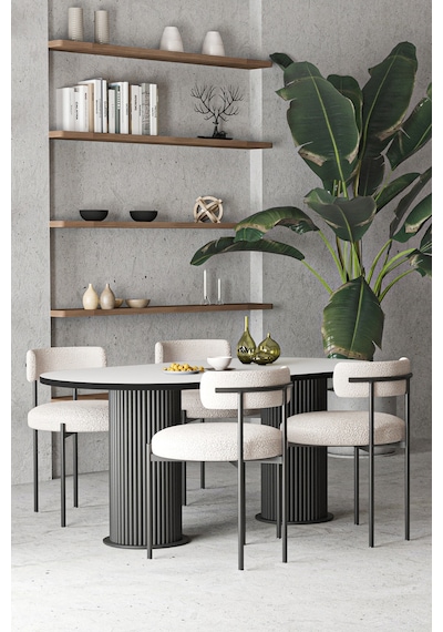 Avvio Anka Teddy Sandalye Bohem Lake Mdf Ayak 80x140 Oval Yemek Masası Mutfak Masası Masa Sandalye Takımı Beyaz