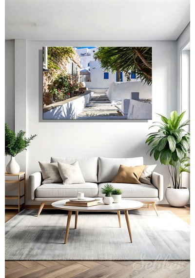 Yunanistan Sifnos Adası'ndaki Geleneksel Beyaz Badanalı Evler Yatay Kanvas Tablo 4036 Çok Renkli