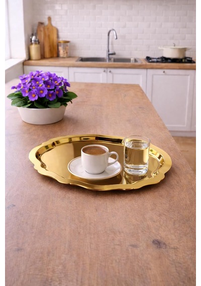 Tr Ovaldi Gold Metal Servis Tepsisi 25,5x19,5 Cm Modern Ve Dekoratif Sunum Tepsisi Altın 23 X 23 Genel