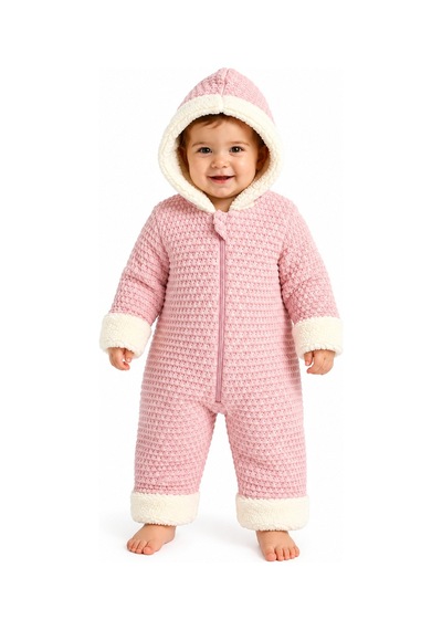 Chicsy Baby Tatlı Unisex Bebek Örgü Triko Tulum Welsoft Peluş Manşetli Kapüşonlu Fermuarlı Kışlık Bebek Kozmonot Tulumu Pembe