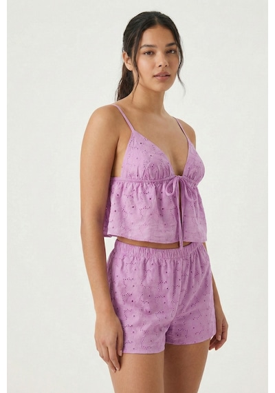 Kadın Lila Astarlı Kendinden Desenli Dokuma Şortlu Pijama Takımı Mor